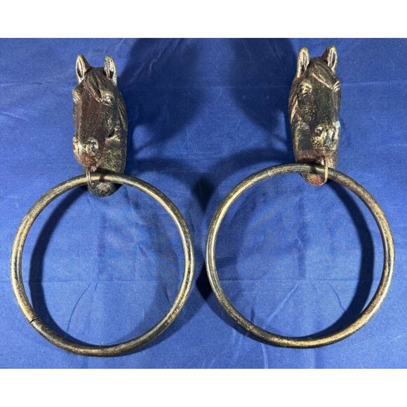 Source Unknown Other - Cast Iron Horse Heads w/Ring Vintage Hitching Post Towel Holder 10"x 6" Set of 2